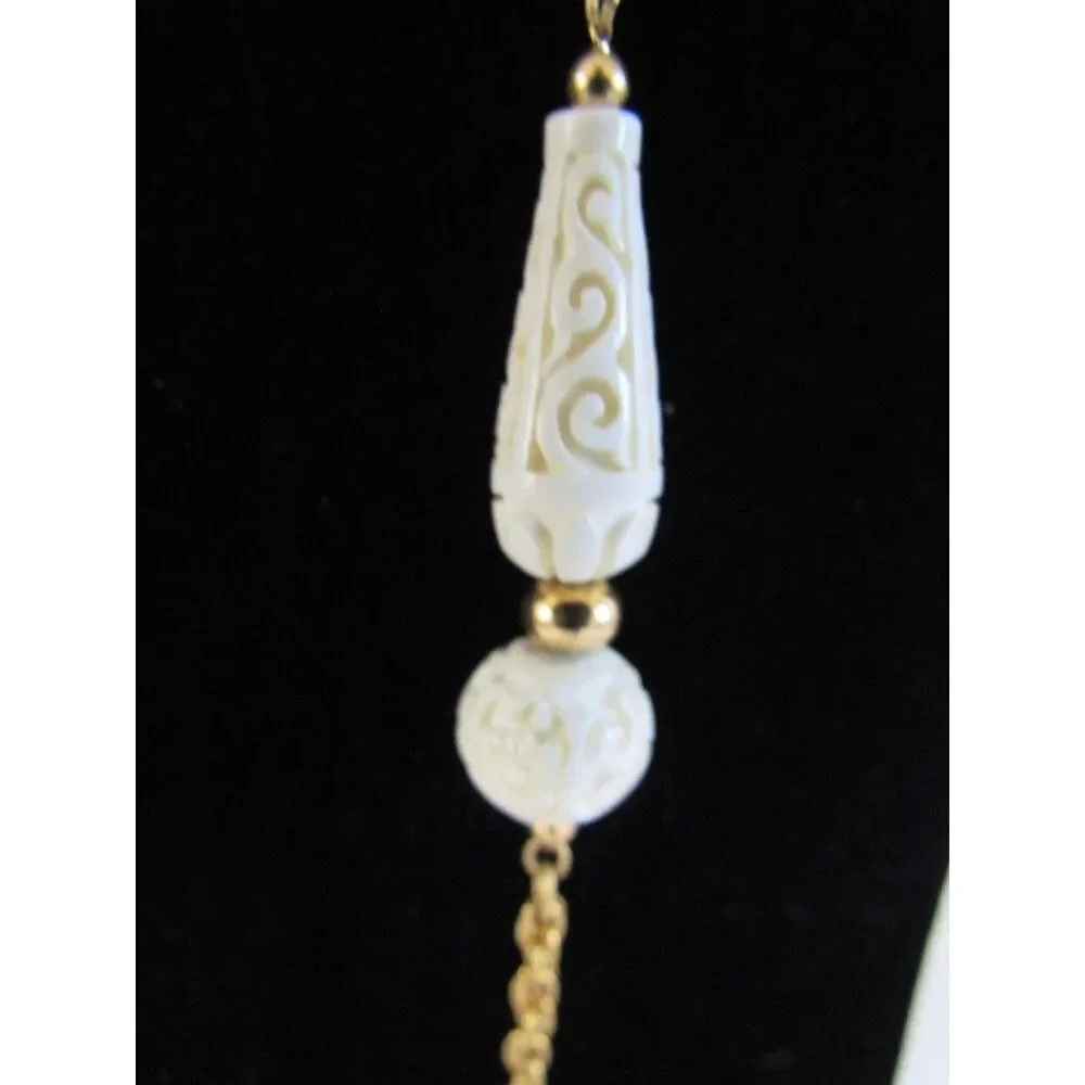 Vintage 60s Crown Trifari Sautoir Necklace Carved Faux Ivory  Gold Tone